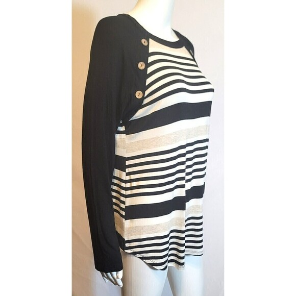First Look Black White Stripe Crew Neck Long Sleeve T-shirt Top Size M - Picture 2 of 10
